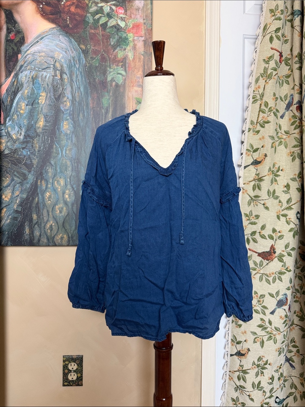 Renaissance Faire Blue Chambray Women's Peasant Blouse - Casual Boho Top